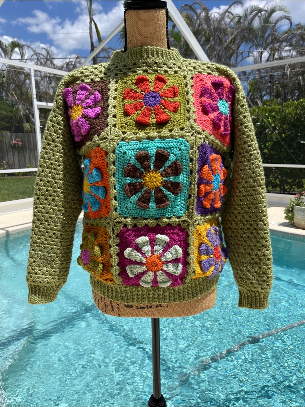 Handmade Olive Green Crochet Flower Patchwork Sweater